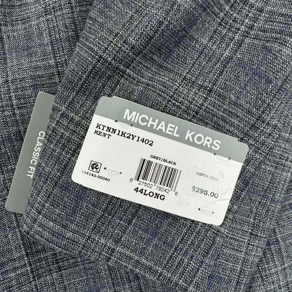Michael Kors Mens Kent Classic Fit Stretch Windowpane Sport Coat Gray Blue 44L
